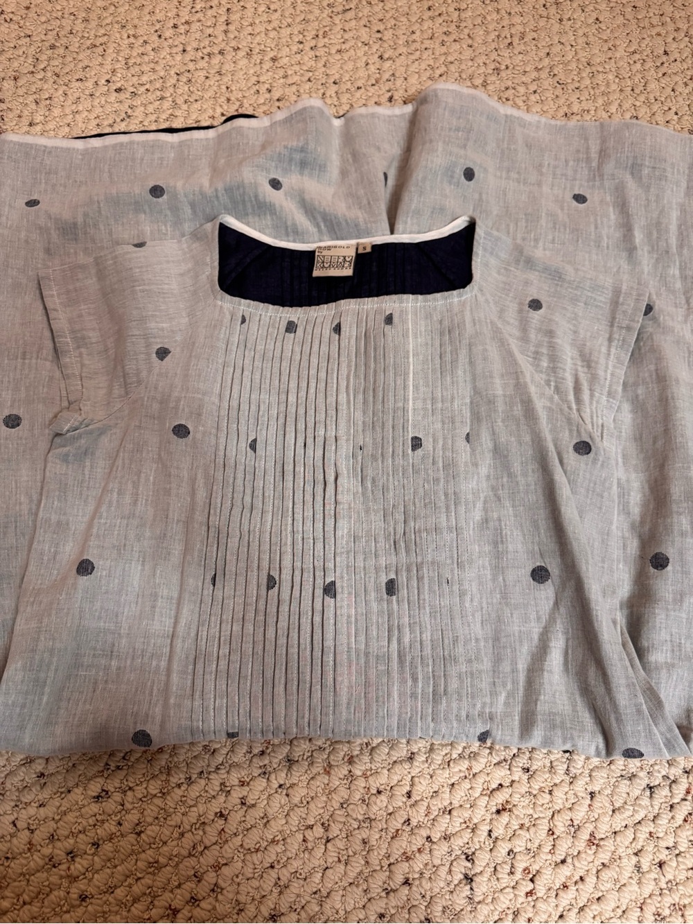 Marigold Row by Neeru Kumar Pleated Dress in Light Chambray and Navy Dot Linen - Picture 2 of 3